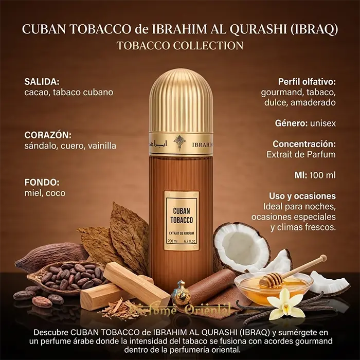 cuban tobacco ibrahim al qurashi perfume arabe unisex 100ml extrait notas cacao tabaco vainilla miel coco fragancia gourmand lujo