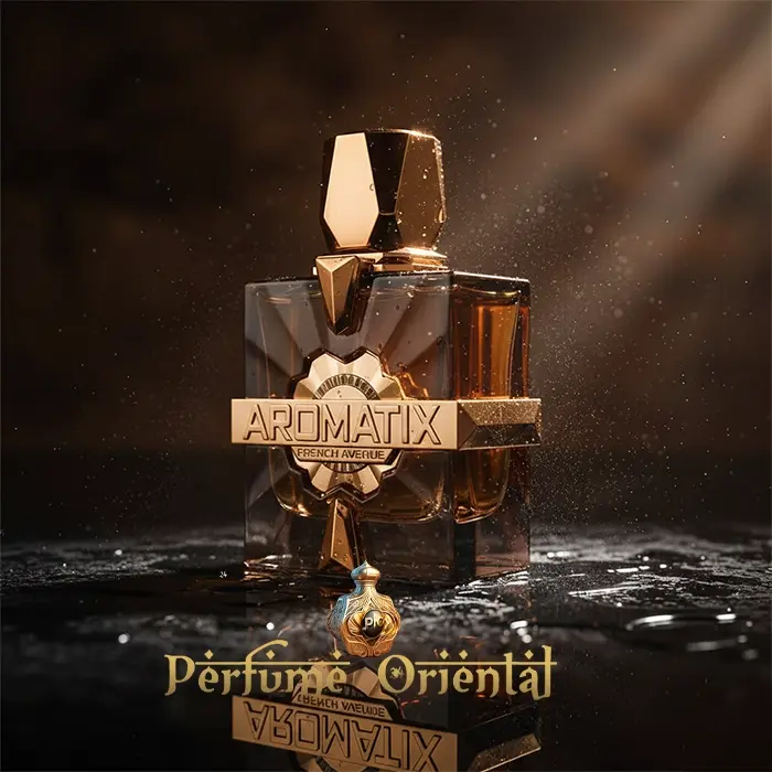 Naughty Dates Aromatix x French Avenue, perfume árabe gourmand con vainilla, caramelo, madera de ébano, ámbar y sándalo, imagen artística con luz dramática