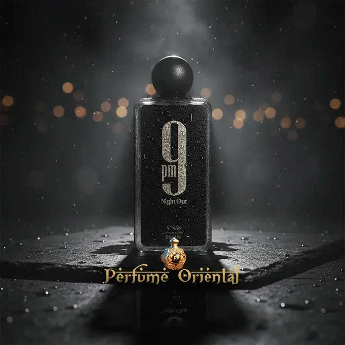 9 PM Night Out Afnan Extrait de Parfum 100ml, perfume árabe de lujo unisex, estética nocturna, perfume oriental moderno, fondo oscuro con luces urbanas