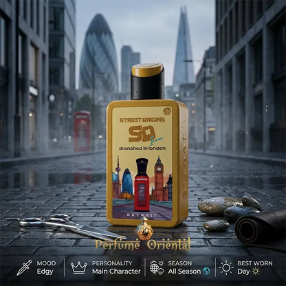 Perfume Drenched in London Street Origins 75ml Extrait Fragrance World en calle de Londres bajo la lluvia, fragancia oriental fresca y especiada