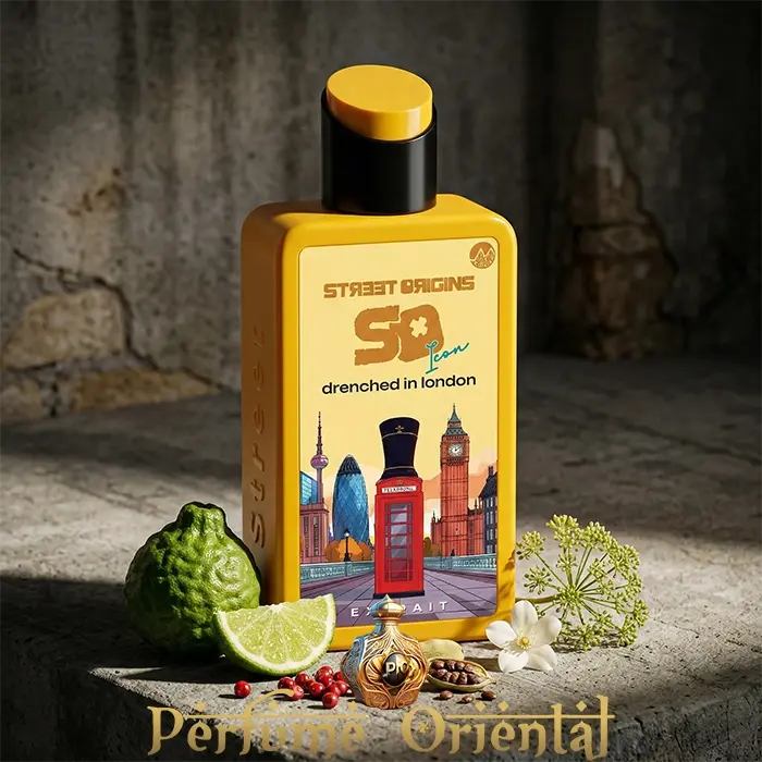 Perfume Drenched in London Street Origins 75ml Extrait Fragrance World con lima, pimienta rosa y notas frescas