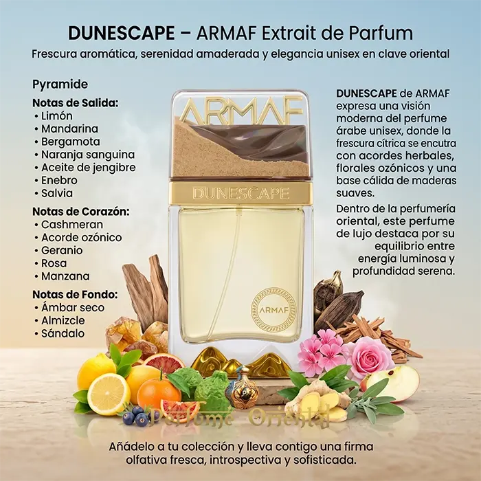 Dunescape Armaf Notas Limon Mandarina Bergamota Jengibre Enebro Salvia Cashmeran Almizcle Sandalo Perfume Fresco