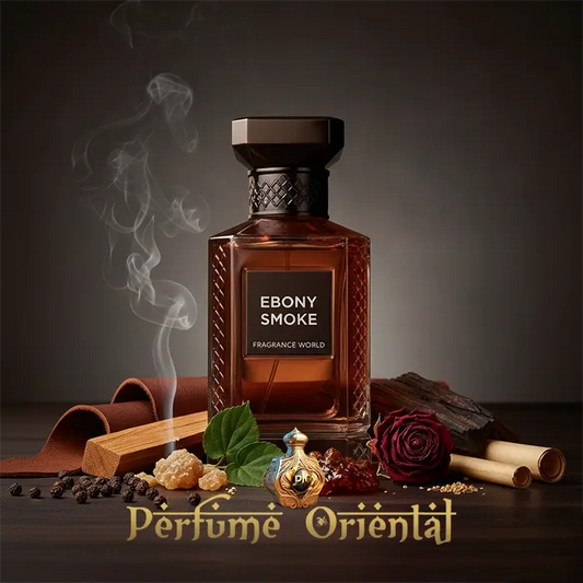Frasco de Ebony Smoke de Fragrance World, perfume oriental amaderado con humo sagrado, resinas aromáticas y maderas exóticas, estela intensa y sofisticada