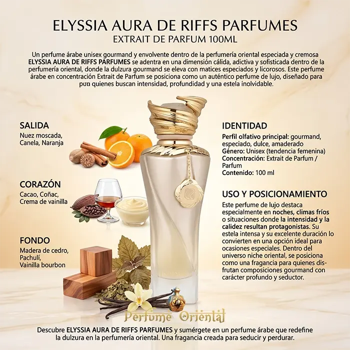Elyssia Aura Riiffs Notas Nuez Moscada Canela Naranja Cacao Coñac Vainilla Perfume Gourmand Cremoso Ambarado Profundo