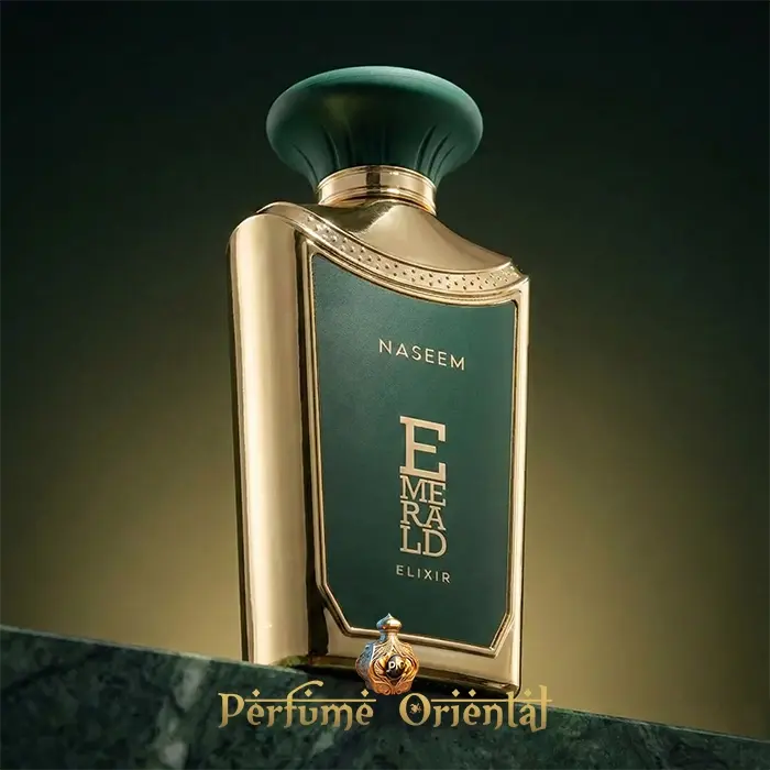 Emerald Aurum Elixir Naseem 100ml perfume árabe elixir frasco verde y dorado elegante