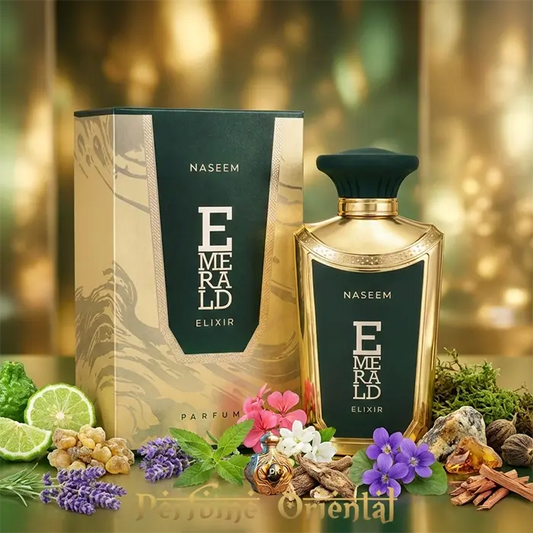 Emerald Aurum Elixir Naseem 100ml con caja original perfume árabe elixir verde y dorado