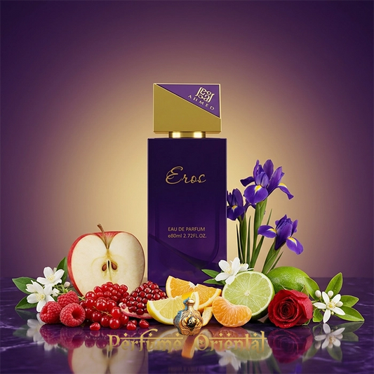 eros ahmed al maghribi perfume arabe fresco elegante con frutas rojas citricos flores blancas y fondo almizclado limpio