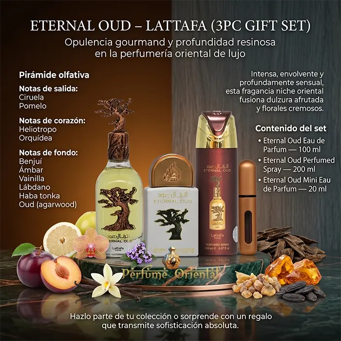 Eternal Oud Lattafa Notas Ciruela Pomelo Heliotropo Orquidea Benjui Ambar Vainilla Oud Perfume Oriental Dulce Resinoso Y Profundo