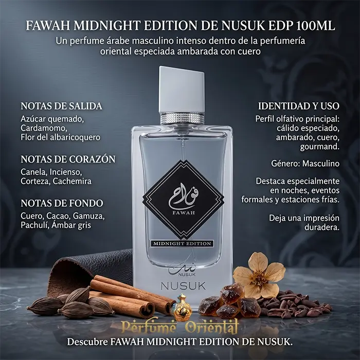 Fawah Midnight Edition Nusuk Notas Azucar Quemado Cardamomo Canela Incienso Cuero Cacao Perfume Masculino Oriental Gourmand