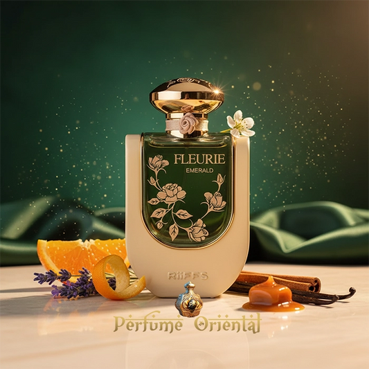 FLEURIE EMERALD by RiiFFS Eau de Parfum 100 ml — perfume bottle on marble with orange slices, lavender, caramel, vanilla and green silk background, luxury feminine fragrance — Perfume Oriental
