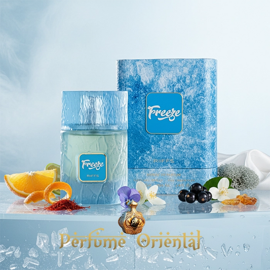 Perfume unisex FREEZE de RIIFFS 100 ml con caja azul helada, notas de bergamota, naranja, jazmín, violeta, ámbar y musgo | Perfume Oriental