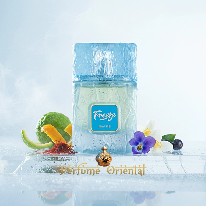 Botella de perfume FREEZE de RIIFFS 100 ml sobre fondo helado, con bergamota, azafrán, violeta y flores blancas | Perfume Oriental”