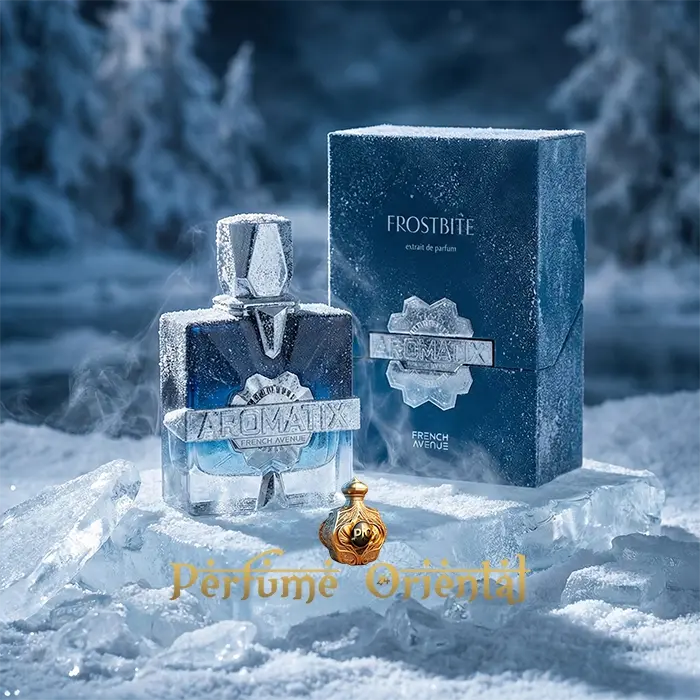 Frostbite Aromatix x French Avenue Extrait de Parfum botella con caja sobre hielo perfume nicho masculino azul