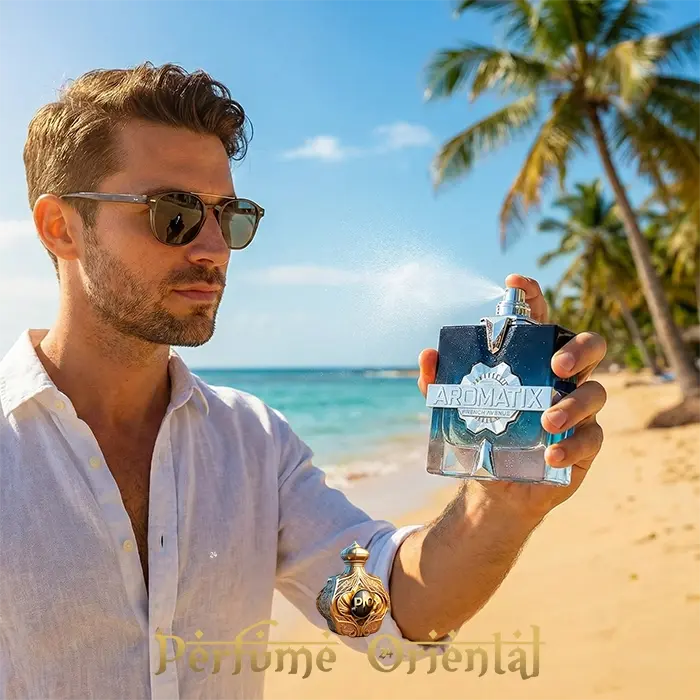 Frostbite Aromatix x French Avenue Extrait de Parfum hombre aplicando perfume en la playa fragancia fresca aromática masculina