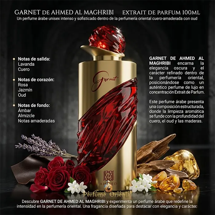 Garnet Ahmed Al Maghribi Perfume Arabe Notas Lavanda Cuero Rosa Jazmin Oud Ambar Almizcle Notas Amaderadas