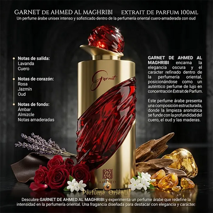 Garnet Ahmed Al Maghribi Perfume Arabe Notas Lavanda Cuero Rosa Jazmin Oud Ambar Almizcle Notas Amaderadas