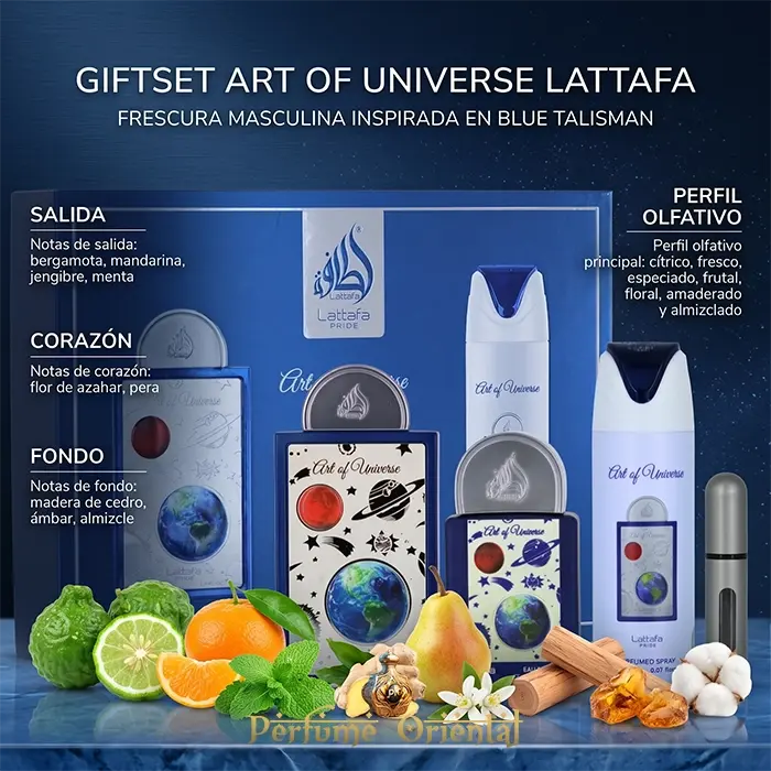 Giftset Art Of Universe Lattafa Perfume Arabe Hombre Set Regalo 3 Piezas Citrico Fresco Con Bergamota Mandarina Jengibre Y Menta