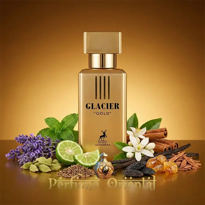 Perfume oriental Glacier Gold 30ml Maison Alhambra frasco dorado con acordes ambarados y aromáticos