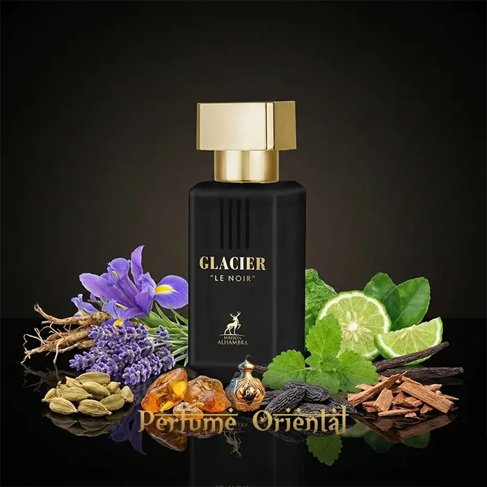 Perfume oriental Glacier Le Noir 30ml Maison Alhambra con frasco negro y acordes aromáticos y cálidos