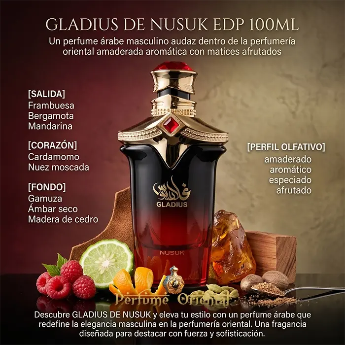 Gladius Nusuk Notas Frambuesa Bergamota Mandarina Cardamomo Nuez Moscada Ambar Madera De Cedro Perfume Masculino Elegante