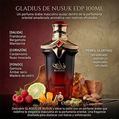 Gladius Nusuk Notas Frambuesa Bergamota Mandarina Cardamomo Nuez Moscada Ambar Madera De Cedro Perfume Masculino Elegante