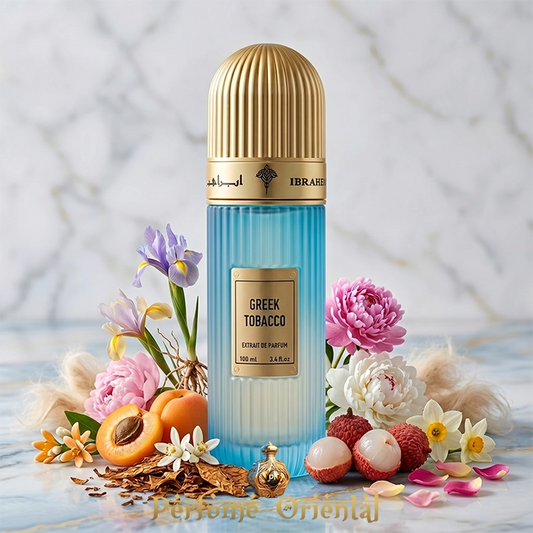 greek tobacco ibrahim al qurashi perfume arabe unisex 100ml extrait fragancia floral afrutada con tabaco almizcle iris y albaricoque