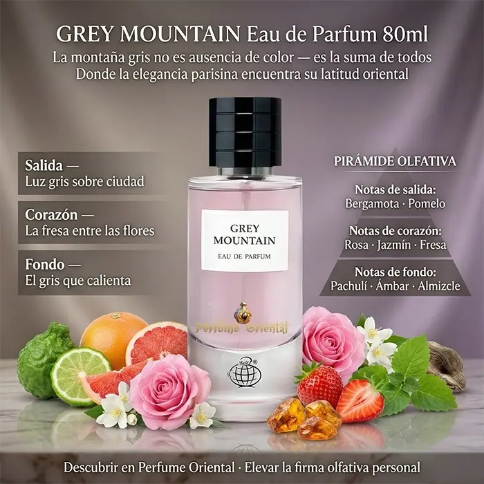 Perfume árabe Grey Mountain con notas de bergamota, pomelo, rosa, jazmín y fresa – fragancia floral afrutada elegante