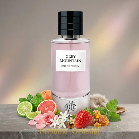 Perfume árabe Grey Mountain de Fragrance World Eau de Parfum 80 ml – fragancia floral afrutada con bergamota, rosa y almizcle