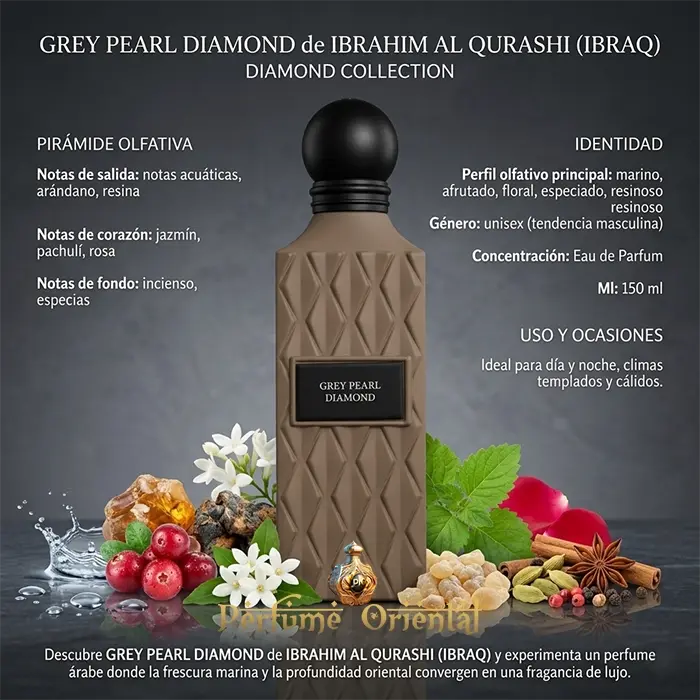 grey pearl diamond ibrahim al qurashi perfume arabe unisex 150ml notas acuaticas arandano incienso resina fragancia fresca amaderada lujo