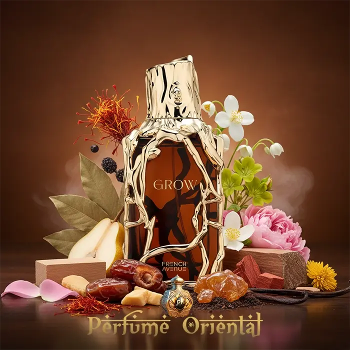 GROW French Avenue Extrait de Parfum bottle with saffron flowers woods and dates luxury fragrance still life