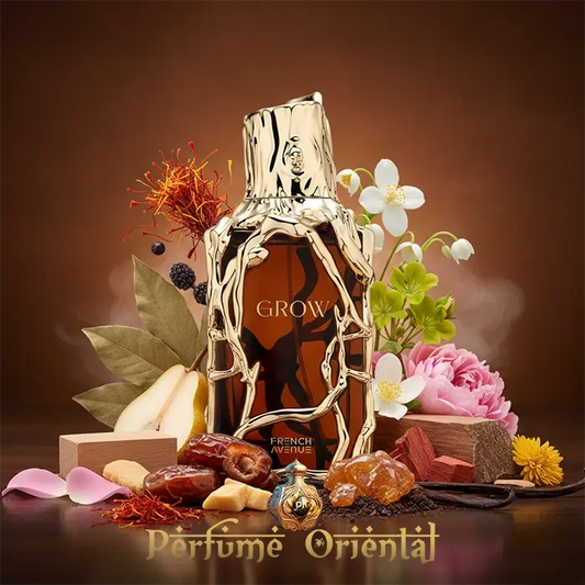 GROW French Avenue Extrait de Parfum bottle with saffron flowers woods and dates luxury fragrance still life