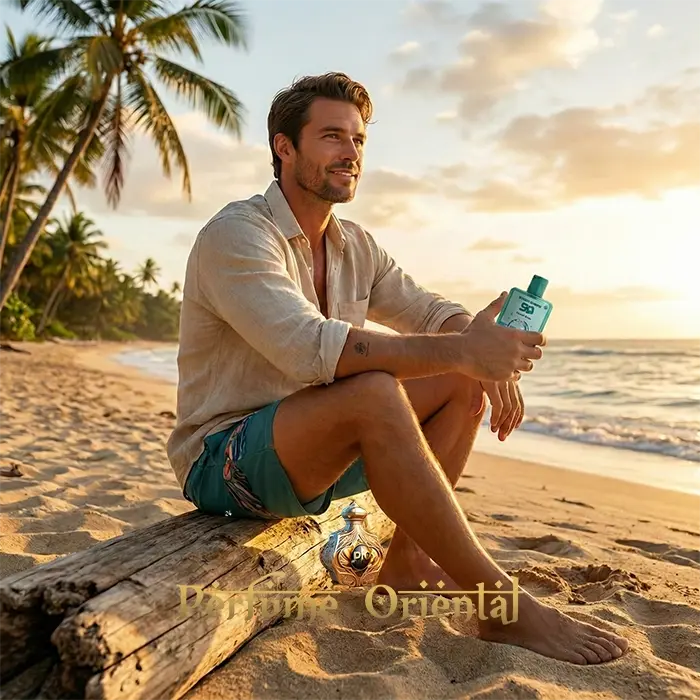 Street Origins Hawaii Beau perfume lifestyle photo with man on tropical beach holding fragrance bottle