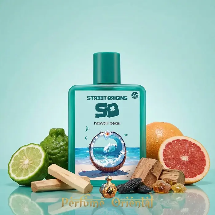 Street Origins Hawaii Beau perfume bottle close up with grapefruit lime woods and amber resin