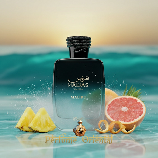 RASASI HAWAS MALIBU perfume masculino aromático, fragancia tropical y oriental con piña y pomelo