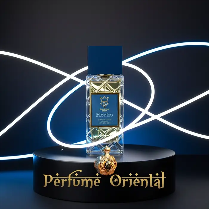 Perfume árabe Hectic Extrait 100ml Bujairami frasco con iluminación moderna y estilo futurista