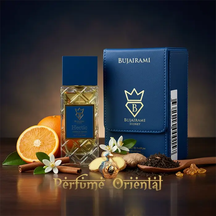 Perfume oriental Hectic Extrait 100ml Bujairami con estuche azul y notas cítricas especiadas