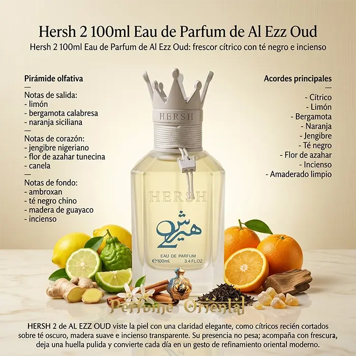 Hersh 2 Perfume Al Ezz Oud 100ml Notas Cítricas Té Negro Incienso
