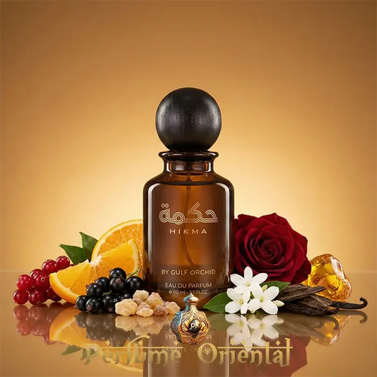 Frasco Hikma by Gulf Orchid perfume oriental amaderado con notas frutales, rosa, incienso, oud y fondo ambarado elegante