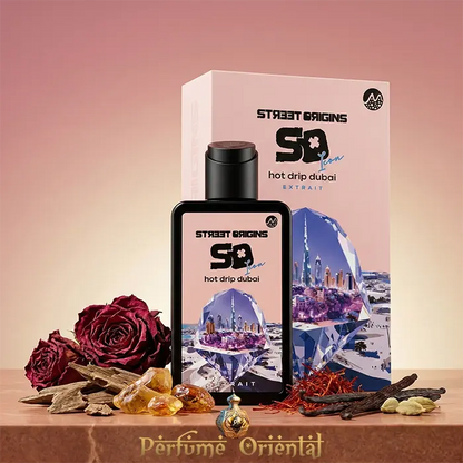 Hot Drip Dubai Street Origins Extrait Fragrance World con rosa roja y azafrán, perfume oriental especiado y amaderado
