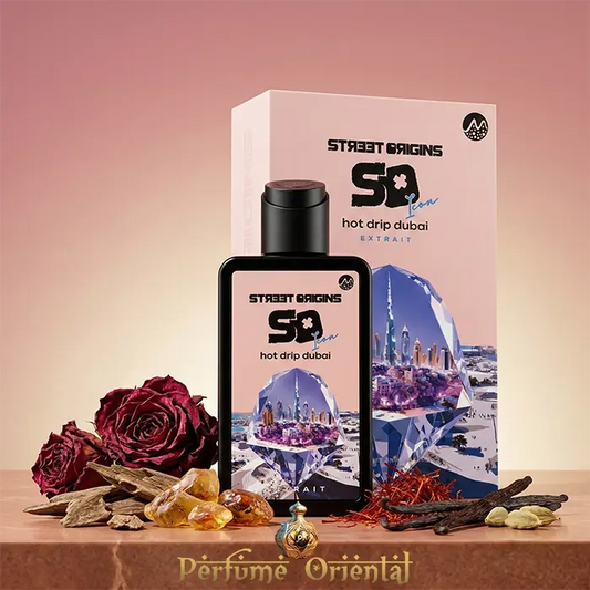 Hot Drip Dubai Street Origins Extrait Fragrance World con rosa roja y azafrán, perfume oriental especiado y amaderado