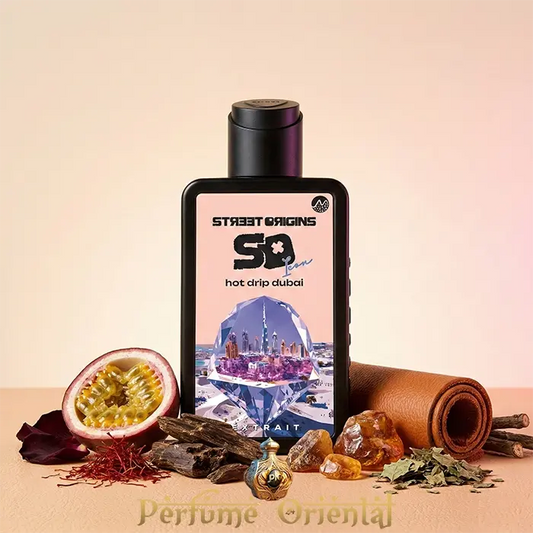 Perfume Hot Drip Dubai Street Origins Extrait Fragrance World, fragancia oriental con maracuyá, cuero y ámbar