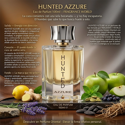 Perfume árabe Hunted Azzure Fragrance World con pirámide olfativa – limón, bergamota, lavanda, cardamomo, tonka y vetiver
