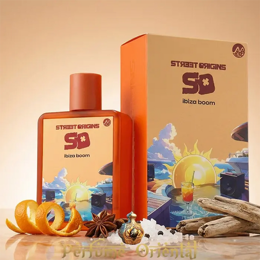 Ibiza Boom Street Origins 75ml Fragrance World perfume árabe con caja original – notas de naranja, anís y maderas