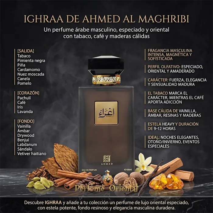 Ighraa Notas Tabaco Cafe Pachuli Vainilla Ambar Maderas Perfume Oriental Masculino Especiado Intenso