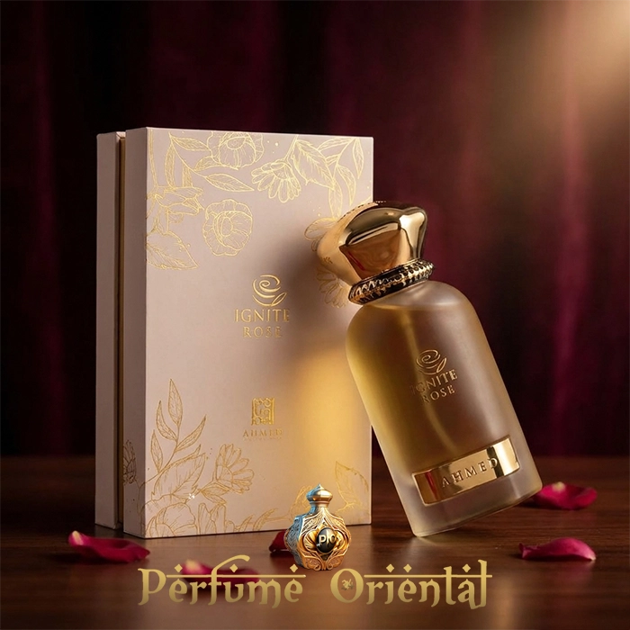 Ignite Rose Ahmed Al Maghribi perfume arabe floral ambarado de lujo, perfume oriental niche con rosa damascena, oud, miel y azafran, fragancia arabe premium Perfume Oriental