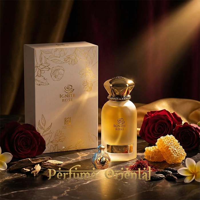 Ignite Rose perfume oriental Ahmed Al Maghribi, fragancia arabe floral woody amber con rosa de Bulgaria, miel, praline y oud, luxury niche fragrance arabic perfume