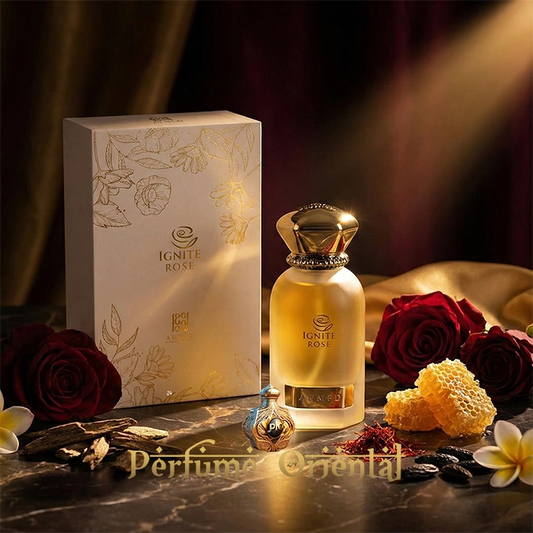 Ignite Rose perfume oriental Ahmed Al Maghribi, fragancia arabe floral woody amber con rosa de Bulgaria, miel, praline y oud, luxury niche fragrance arabic perfume