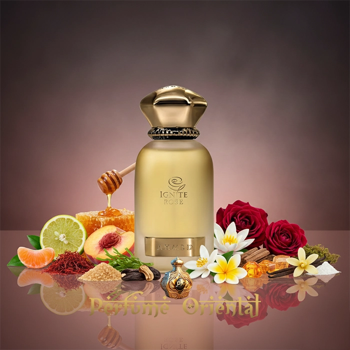 Ignite Rose perfume arabe de lujo Ahmed Al Maghribi, perfume floral ambarado con bergamota, azafran, rosas, miel, vainilla y almizcle blanco, niche oriental perfume
