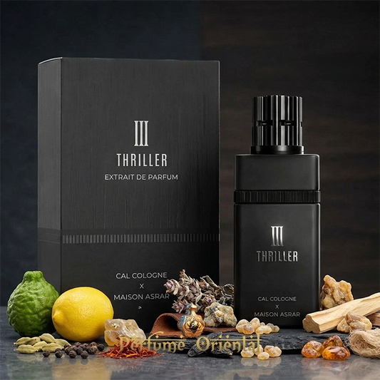 perfume arabe III Thriller Maison Asrar con caja citrico cuero sandalo 100 ml