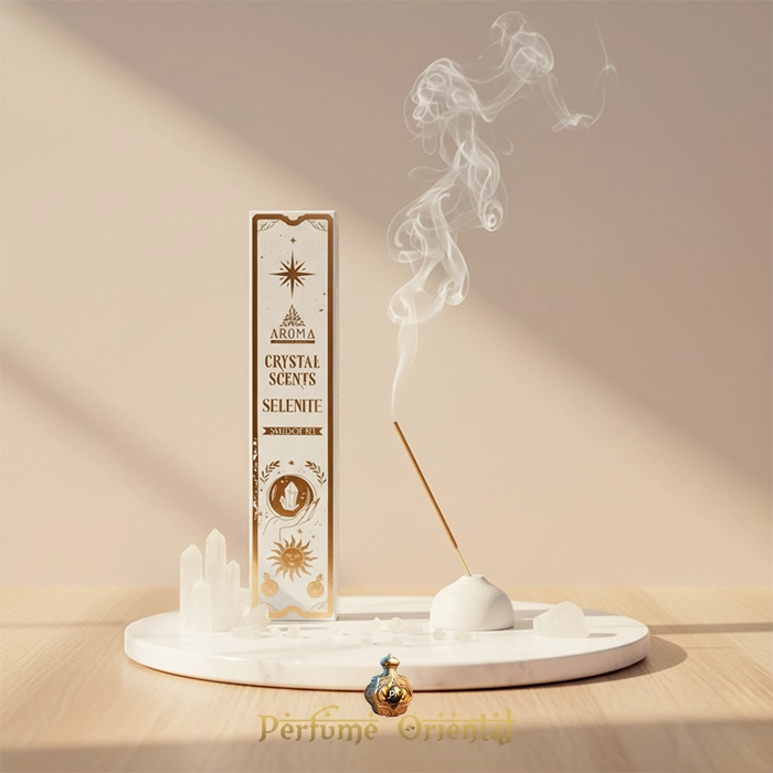 AROMA Incienso Crystal Selenita – Varillas naturales con piedra de selenita para limpieza y elevación espiritual.